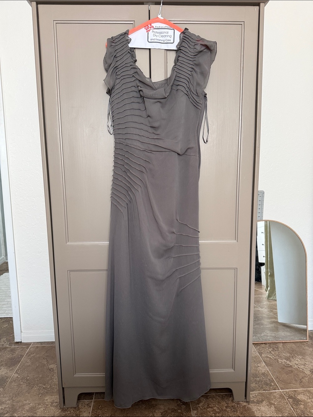 Vera Wang Taupe Ruffled Pleated Maxi Dress